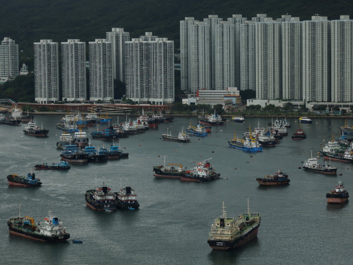 Boats are parked at a typhoon shelter in Tseun Wan as a precaution for the approaching Typhoon Talim in Hong Kong on 16 July 2023 (AFP via Getty Images)