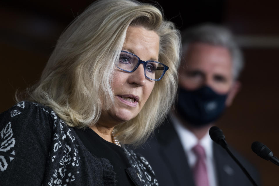 Liz Cheney, R-Wyo., and House Minority Leader Kevin McCarthy, R-Calif. (Photo By Tom Williams/CQ-Roll Call, Inc via Getty Images/File)