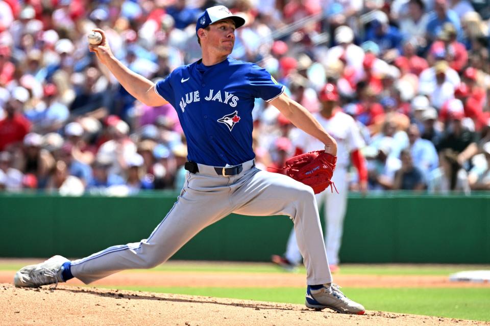 Toronto Blue Jays starting pitcher Chris Bassitt (40) throws a pitch in the first inning of the spring training game on March 24 against the Philadelphia Phillies at BayCare Ballpark in Clearwater, Fla.