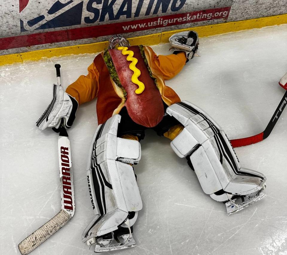 Seattle resident Jeremy Fountaine played in the “Oops! All Goalies” hockey game while wearing a hot dog costume.