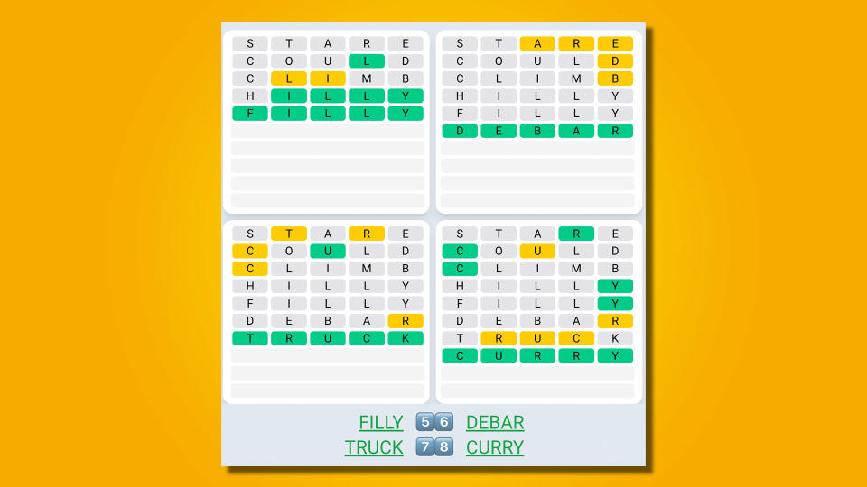 Quordle Daily Sequence answers for game 472 on a yellow background
