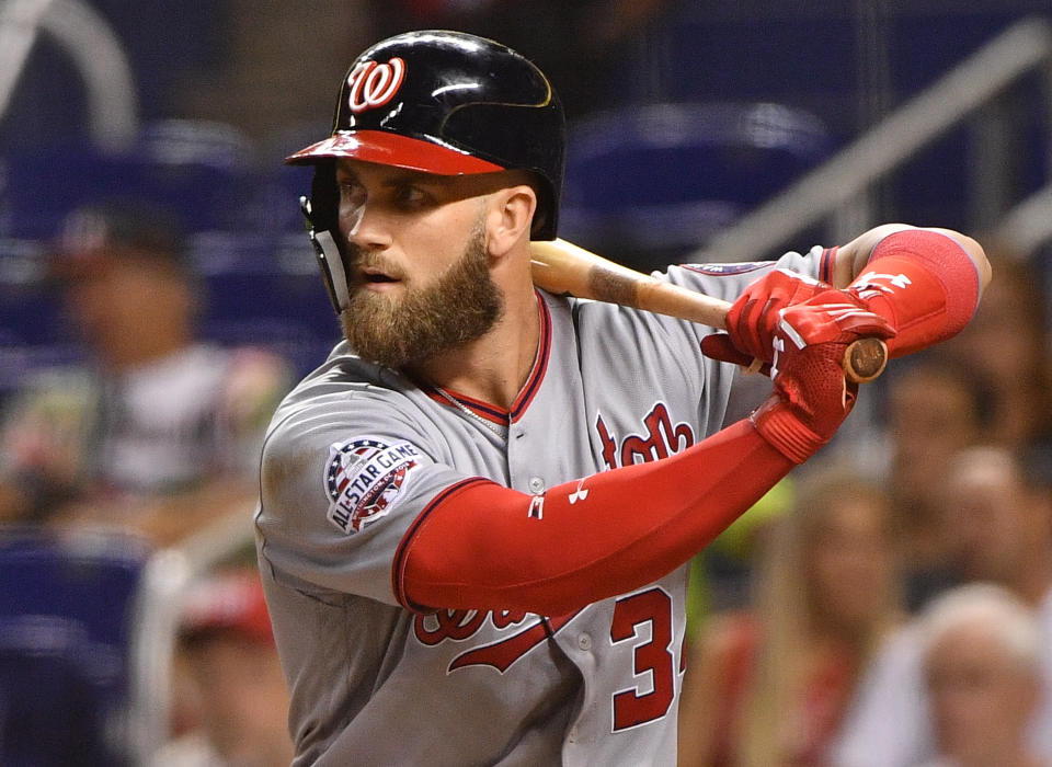 MIAMI, FL - SEPTEMBER 18: Bryce Harper #34 of the Washington Nationals bats against the Miami Marlins at Marlins Park on September 18, 2018 in Miami, Florida. (Photo by Mark Brown/Getty Images)