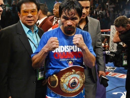 Manny Pacquiao after winning his WBO welterweight title fight in November 2011. On Saturday, Timothy Bradley will be fighting for just the second time at 147 pounds, moving up to challenge for Pacquiao's welterweight belt