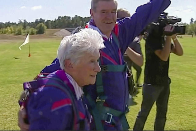 In this image made from video, Clare Nowland reacts following her skydive in Canberra, Australia, April 6, 2008. Nowland, now 95, was in critical condition Friday, May 19, 2023, two days after police shocked her with a stun gun as she approached them with a walking frame and a steak knife in an Australian nursing home. (Australian Broadcasting Corp. via AP)