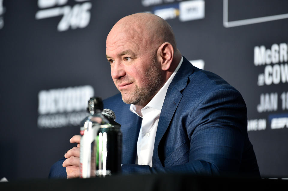 LAS VEGAS, NV - JANUARY 18: UFC President Dana White speaks to the media during the UFC 246 event at T-Mobile Arena on January 18, 2020 in Las Vegas, Nevada. (Photo by Chris Unger/Zuffa LLC via Getty Images)