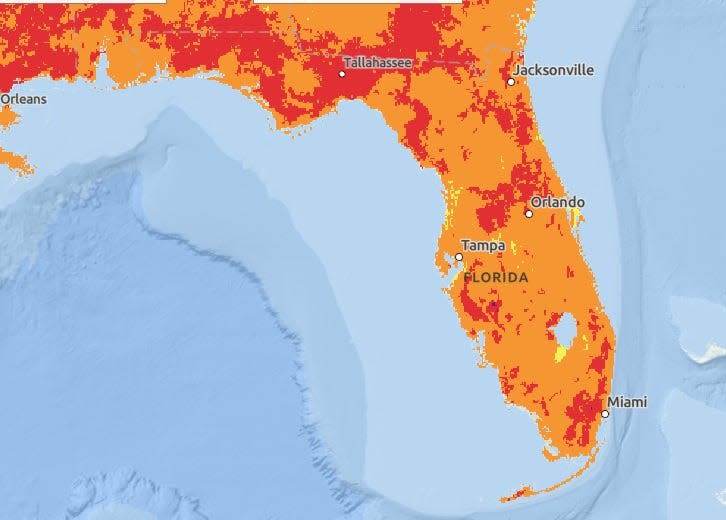 Heat risk map for Florida July 16, 2024. Areas in red denote a major risk for heat-related impacts. Areas in orange are moderate risk.
