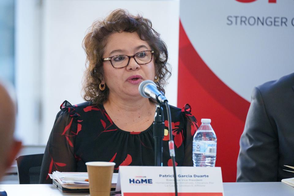 Chicanos Por La Causa executive vice president of homeownership initiatives, Patricia Garcia Duarte speaks on a Latino homeownership panel at the CPLC Women's Business Center on Nov. 6, 2023, in Phoenix, AZ.