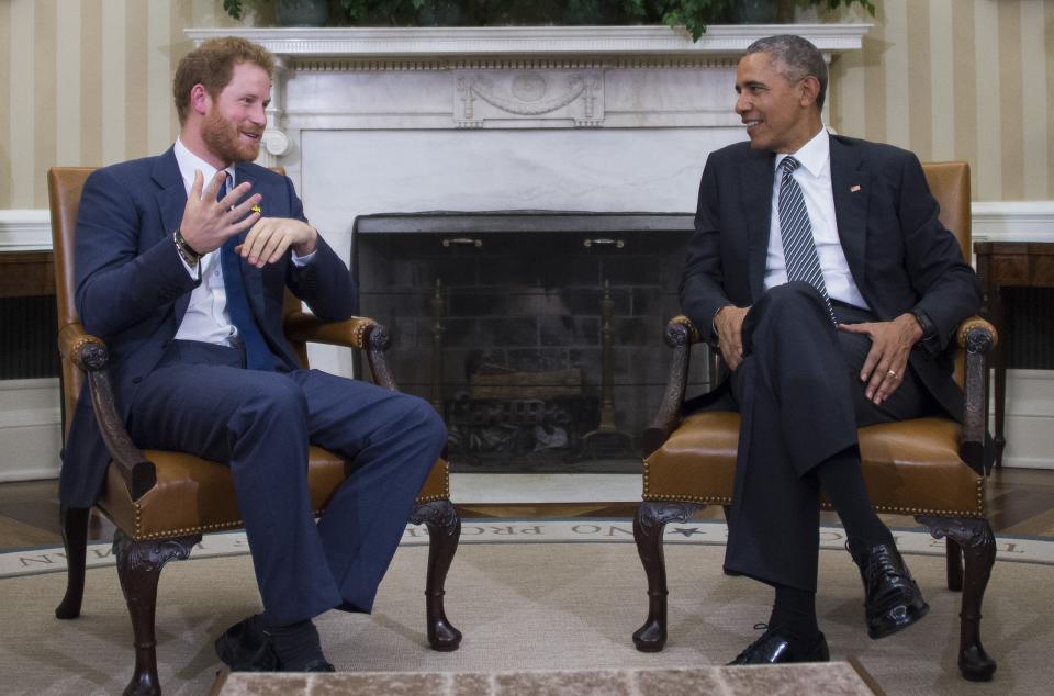 Harry speaks with President Obama during a meeting in the Oval Office of the White House on Oct. 28, 2015. (Photo: JIM WATSON via Getty Images)