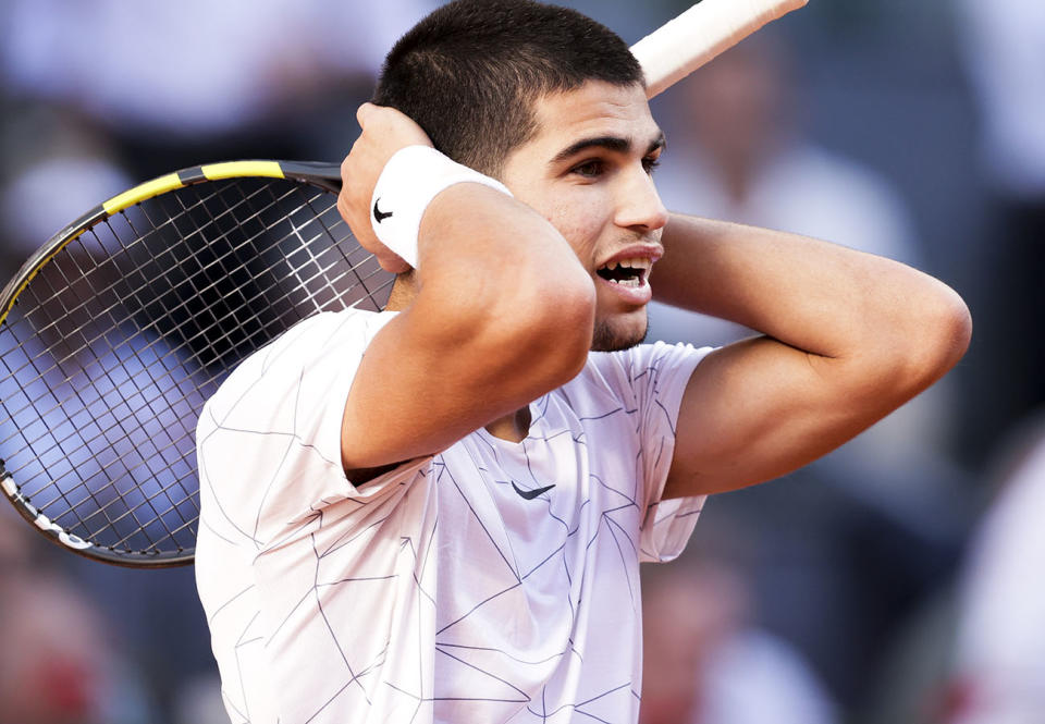 Carlos Alcaraz, pictured here in disbelief after beating Rafa Nadal.