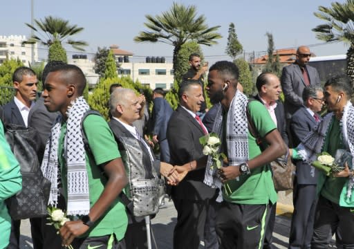 The Palestine Football Federation welcomes Saudi Arabia's national football team in Ramallah