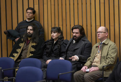 WHAT WE DO IN THE SHADOWS -- "City Council" -- Season 1, Episode 2 (Airs April 3, 10:00 pm e/p) Pictured (l-r): Harvey Guillen as Guillermo, Kayvan Novak as Nandor, Natasia Demetriou as Nadja, Matt Berry as Laszlo, Mark Proksch as Colin Robinson. CR: Russ Martin/FX