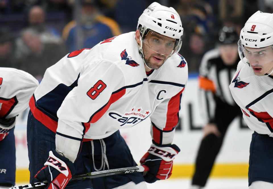 ST. LOUIS, MO. - JANUARY 03: Washington Capitals leftwing Alex Ovechkin (8) during an NHL game between the Washington Capitals and the St. Louis Blues on January 03, 2019, at Enterprise Center, St. Louis, MO. (Photo by Keith Gillett/Icon Sportswire via Getty Images)