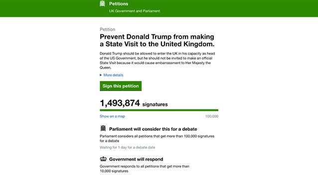 More than 1.5 million Brits have already signed a petition to cancel Trump's UK state visit, fearing embarrassment for the Queen.