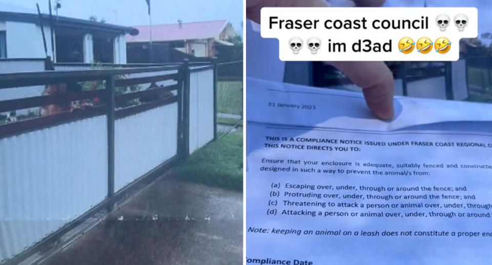 A photo that was taken by Fraser Coast Regional Council to show that the dogs are not adequately contained in the yard. Another photo of the notice the man received from Council explaining the situation.