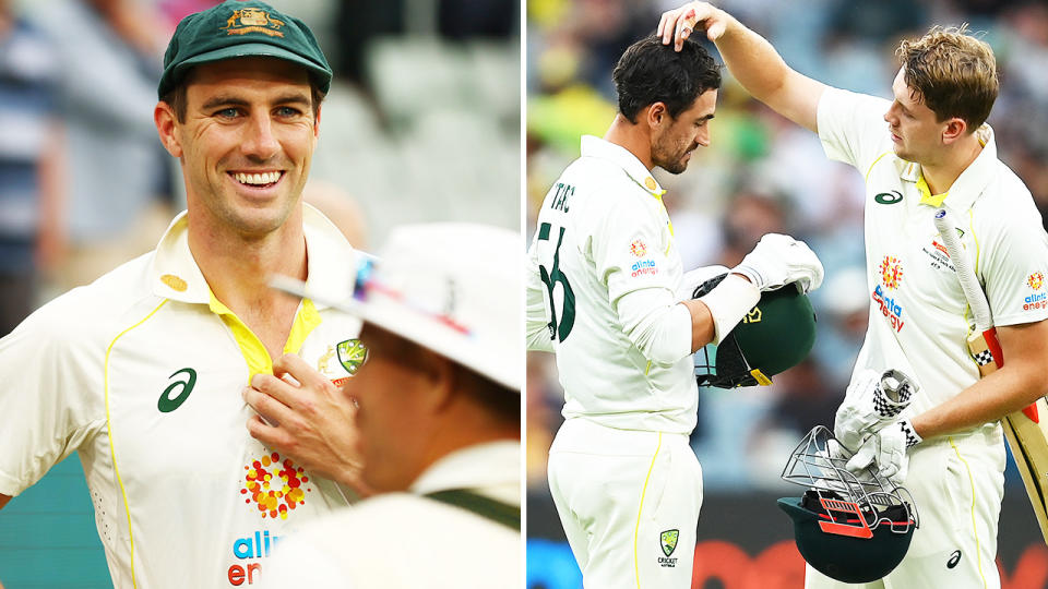 Pat Cummins, pictured here alongside Mitchell Starc and Cameron Green.