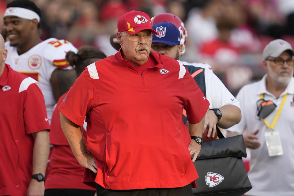 Kansas City Chiefs head coach Andy Reid watches during the first half of an NFL preseason football game against the San Francisco 49ers in Santa Clara, Calif., Saturday, Aug. 14, 2021. (AP Photo/Tony Avelar)