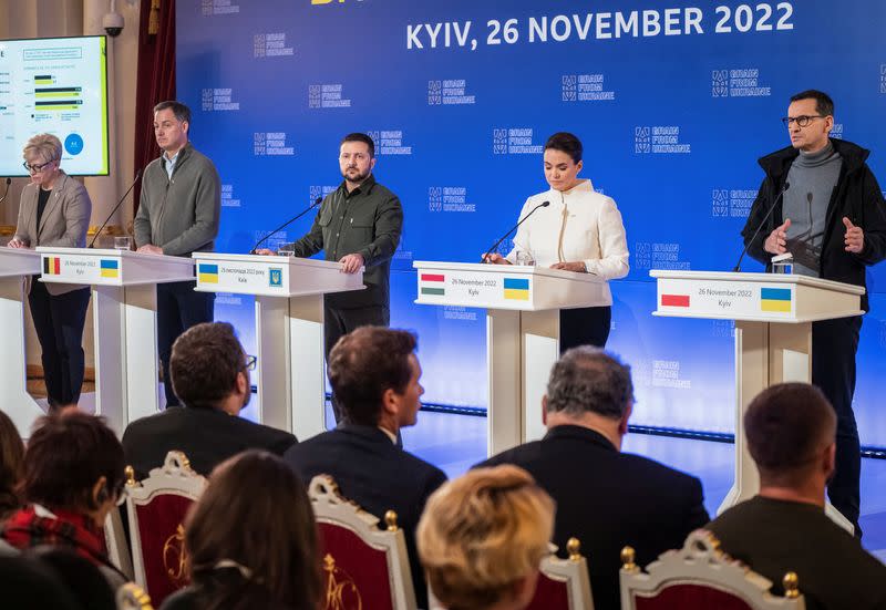 Lithuanian, Belgian, Polish prime ministers and Ukrainian and Hungarian presidents attend a joint news conference after an an international summit in Kyiv