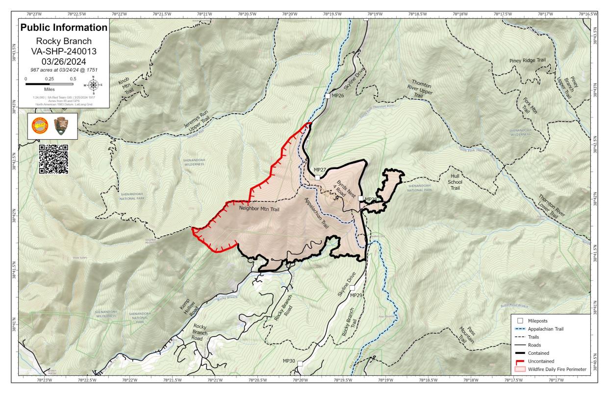 Tuesday, March 26, map of Rocky Branch fire at Shenandoah National Park in Luray, Virginia.