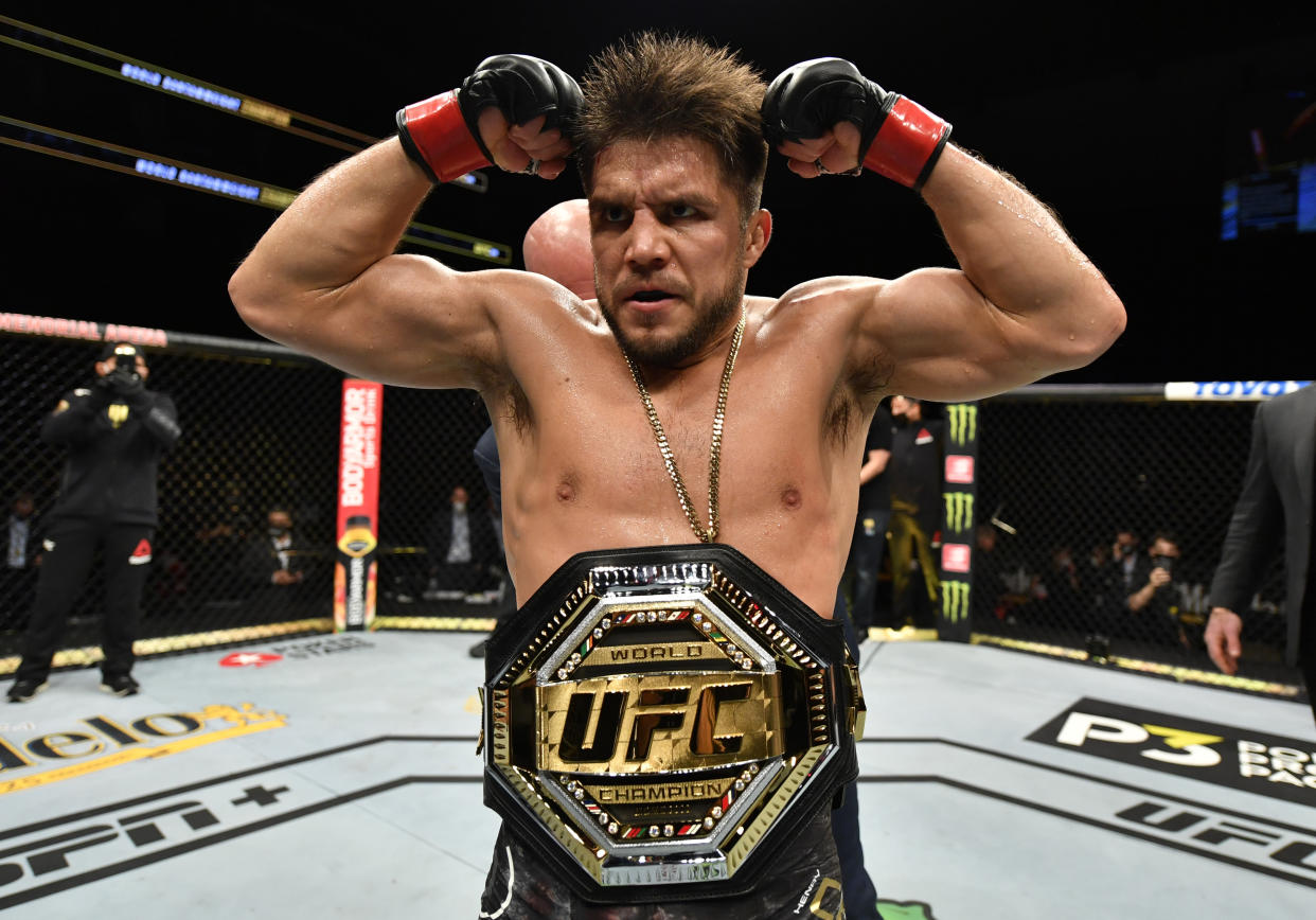 JACKSONVILLE, FLORIDA - MAY 09: Henry Cejudo celebrates after his knockout victory over Dominick Cruz in their UFC bantamweight championship fight during the UFC 249 event at VyStar Veterans Memorial Arena on May 09, 2020 in Jacksonville, Florida. (Photo by Jeff Bottari/Zuffa LLC)