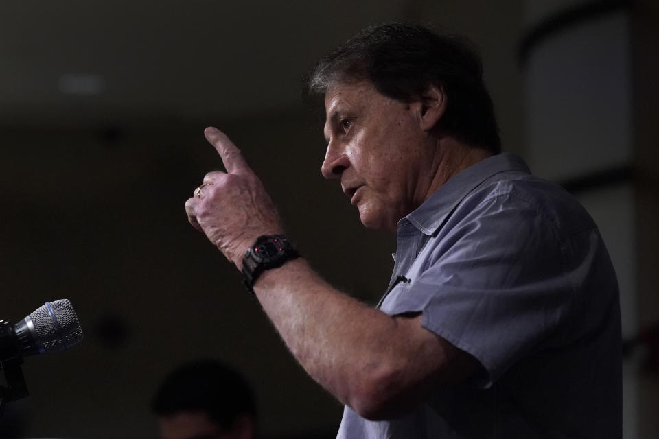 Chicago White Sox manager Tony La Russa responds to a question after announcing his retirement from the team due to medical reason before a baseball game between the White Sox and the Minnesota Twins, Monday, Oct. 3, 2022, in Chicago. (AP Photo/Charles Rex Arbogast)