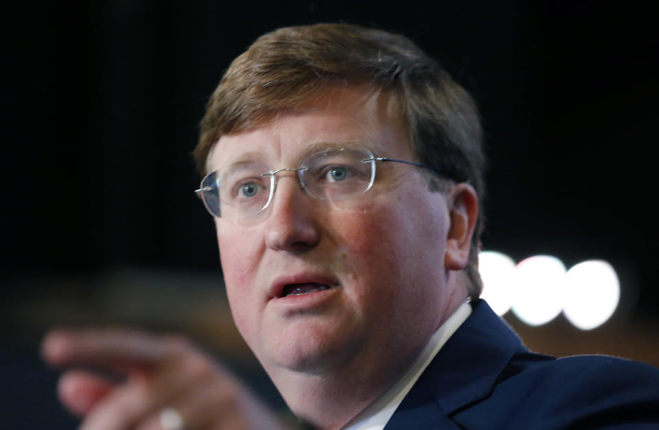 Republican Lt. Gov. Tate Reeves, a candidate for governor, tells a group of anti-abortion supporters, that he pledges to keep fighting abortion if he's elected governor this year, during a "news conference" at a church in Byram, Miss., Tuesday, May 21, 2019. The news conference came the same day abortion rights supporters held nationwide rallies, including one in front of the Mississippi State Capitol, to voice their opposition to state legislatures passing abortion bans that prohibit most abortions once a fetal heartbeat can be detected. (AP Photo/Rogelio V. Solis)