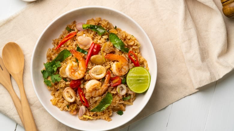 Seafood fried rice in bowl