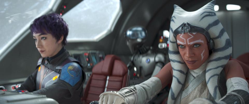 Sabine Wren (Natasha Liu Bordizzo, far left) and Ahsoka Tano (Rosario Dawson) were stranded on a far-off galaxy in the Season 1 cliffhanger of "Ahsoka."