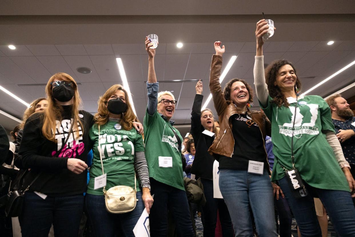 Abortion rights supporters celebrate Issue 1 passing in Ohio on Nov. 7, 2023. <a href="https://www.gettyimages.com/detail/news-photo/abortion-rights-supporters-celebrate-winning-the-referendum-news-photo/1769771636?adppopup=true" rel="nofollow noopener" target="_blank" data-ylk="slk:Megan Jelinger/AFP via Getty Images;elm:context_link;itc:0;sec:content-canvas" class="link ">Megan Jelinger/AFP via Getty Images </a>