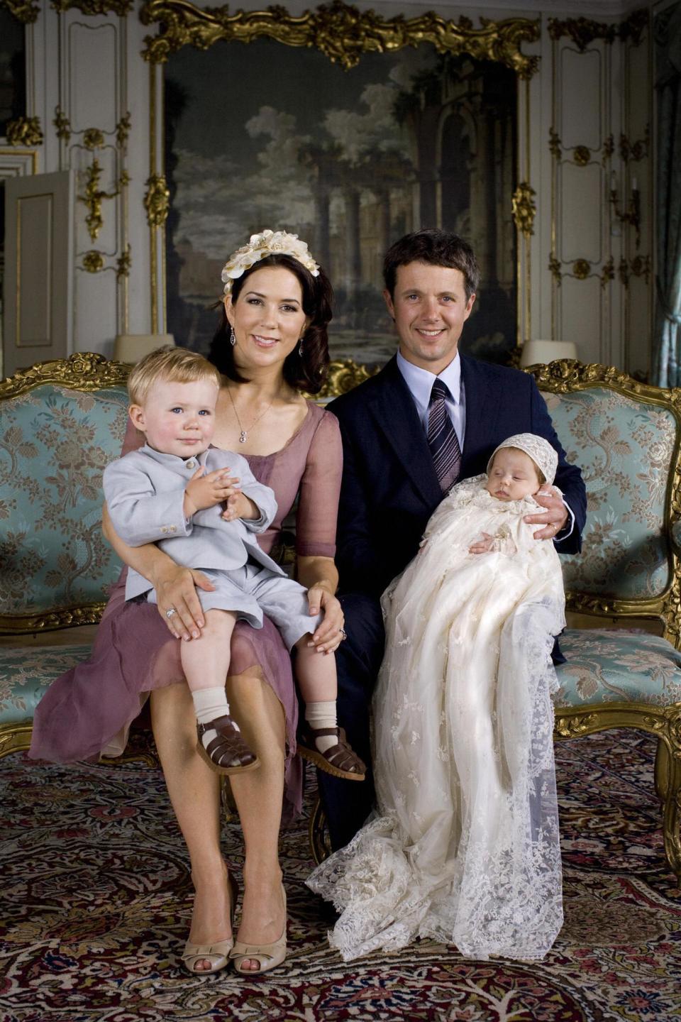 <p>Princess Mary, Prince Christian, and Crown Prince Frederik baby number two Princess Isabella in July 2007 after her christening.</p>
