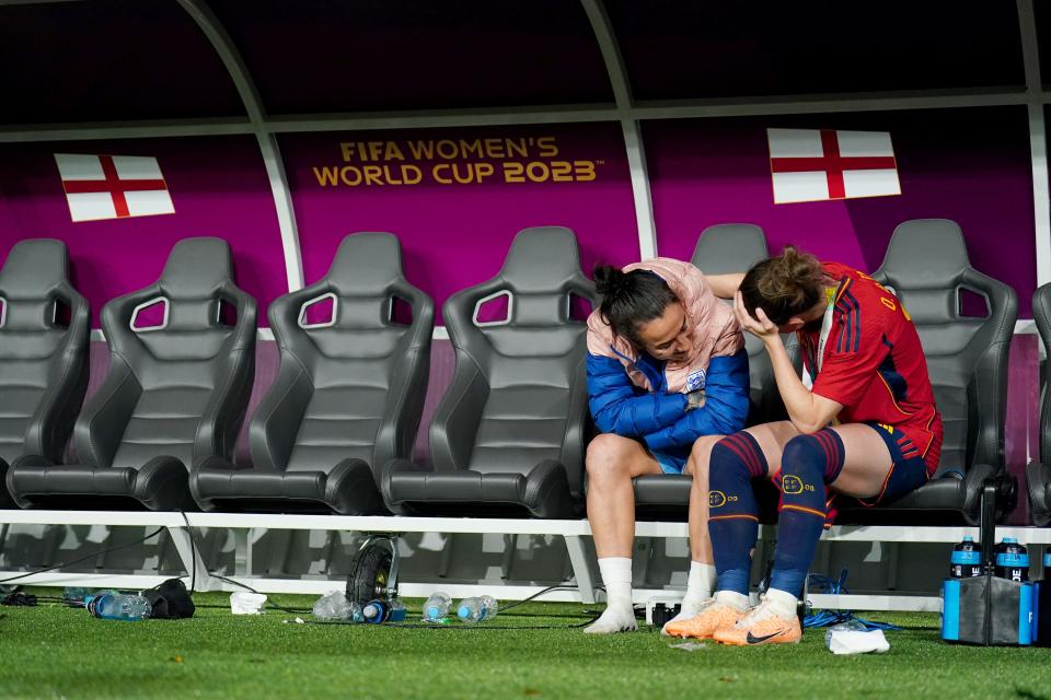 Spain's Ona Batlle (right) consoles England's Lucy Bronze following England's defeat in the FIFA Women's World Cup final match at Stadium Australia, Sydney. Picture date: Sunday August 20, 2023.