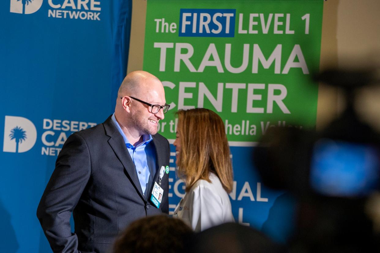 Desert Regional Medical Center Director of Trauma Services, Dr. Paul Wisniewski, smiles after speaking during a press conference announcing the hospital being designated as a level 1 trauma center in Palm Springs, Calif., on Tuesday, March 21, 2023. 