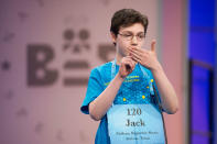 <p>Jack Miller, 13 of Abilene, Texas, correctly spells his word during the 90th Scripps National Spelling Bee in Oxon Hill, Md., Wednesday, May 31, 2017. (AP Photo/Cliff Owen) </p>