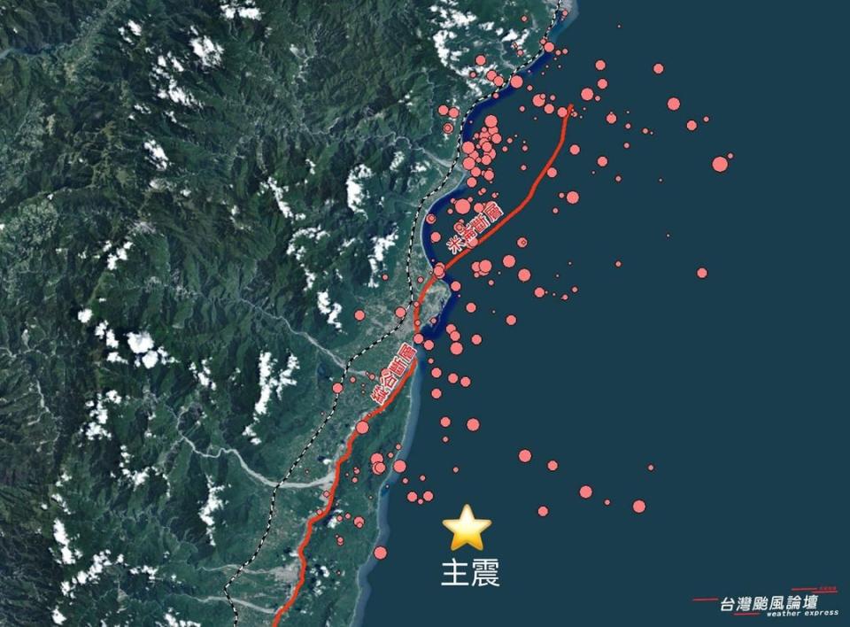 氣象粉專貼出餘震分布圖。（圖／翻攝自台灣颱風論壇｜天氣特急） 