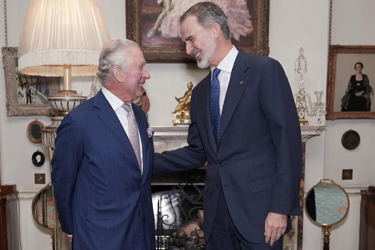 King Charles III receives King Felipe VI of Spain in the Morning Room, during an audience at Clarence House, on November 21, 2022 in London, England.