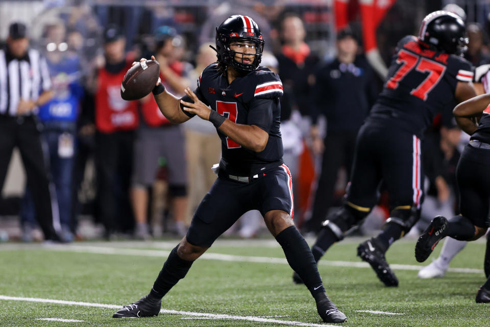 COLUMBUS, OH - SEPTEMBER 24: Buckeyes, OH quarterback CJ Stroud, 7, in action during the college football game between the Wisconsin Badgers and the Buckeyes, OH on September 24, 2022 at Ohio Stadium in Columbus, OH (Photo by Frank Jansky/Icon Sportswire via Getty Images)