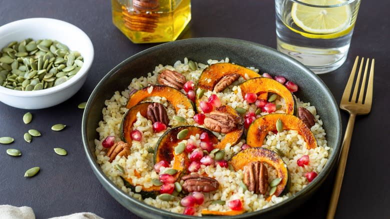 roasted squash with bulgur and pecans