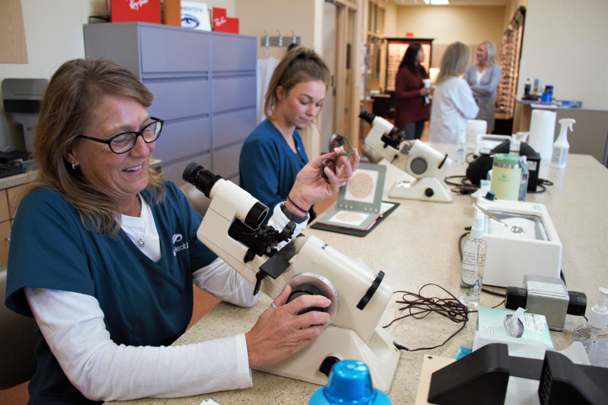 Jami Gilbert (left) and Anna Liegel (right) work at Madison Area Technical College on October 11, 2023 as part of their ophthalmic assistant apprenticeship through SSM Health.
(Credit: Cleo Krejci)