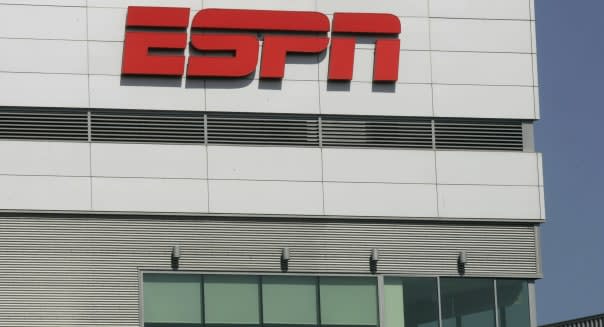 The ESPN logo is displayed outside L.A. Live, which houses the ESPNZone, in Los Angeles, California, U.S., on Tuesday, Aug. 31, 2010. Time Warner Cable Inc.'s negotiations to renew rights to ESPN may be held up on a demand by the sports channel's owner, Walt Disney Co., to be paid for a related website, people with knowledge of the talks have said. Photographer: Jonathan Alcorn/Bloomberg via Getty Images