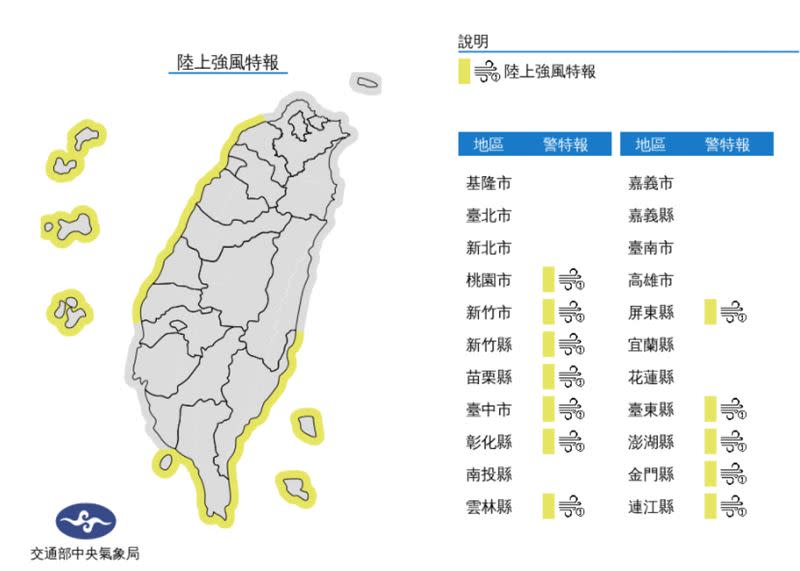 氣象局針對12縣市發布「陸上強風特報」。（圖／中央氣象局）