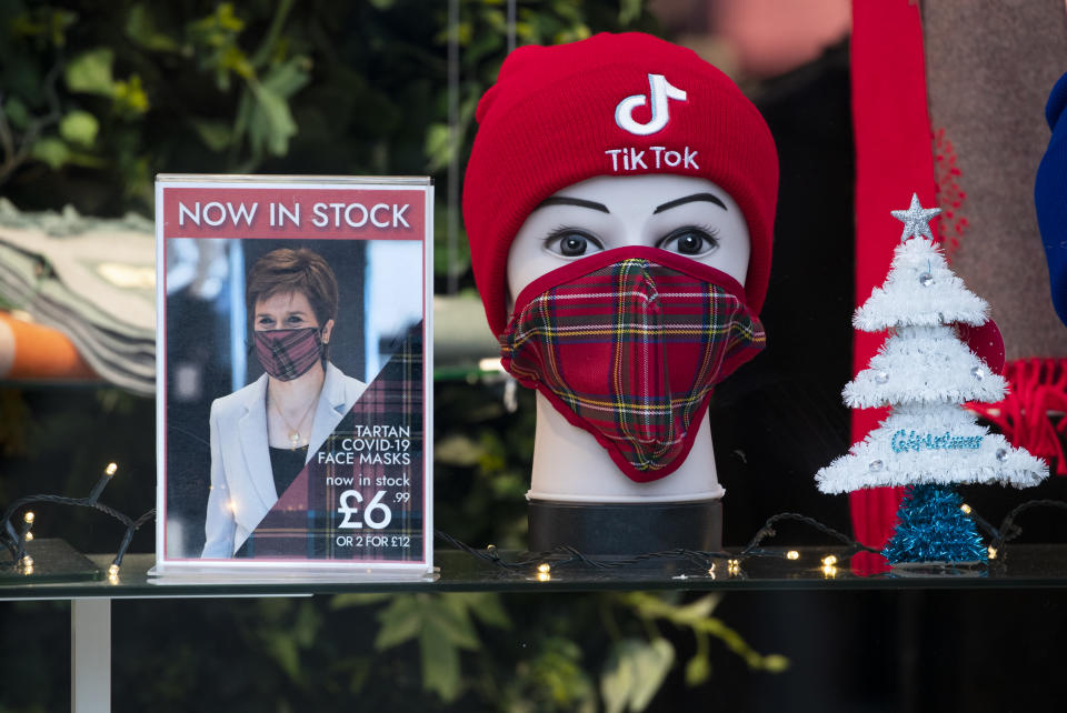 Face mask display in a shop window on Edinburgh's Princes Street. Scotland is currently using a tier system to try and drive down coronavirus cases. (Photo by Jane Barlow/PA Images via Getty Images)