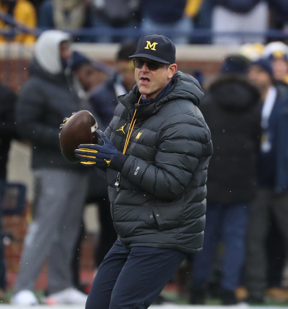 Michigan Wolverines head coach Jim Harbaugh before action against the Ohio State Buckeyes, Saturday, Nov. 27, 2021, Michigan Stadium.