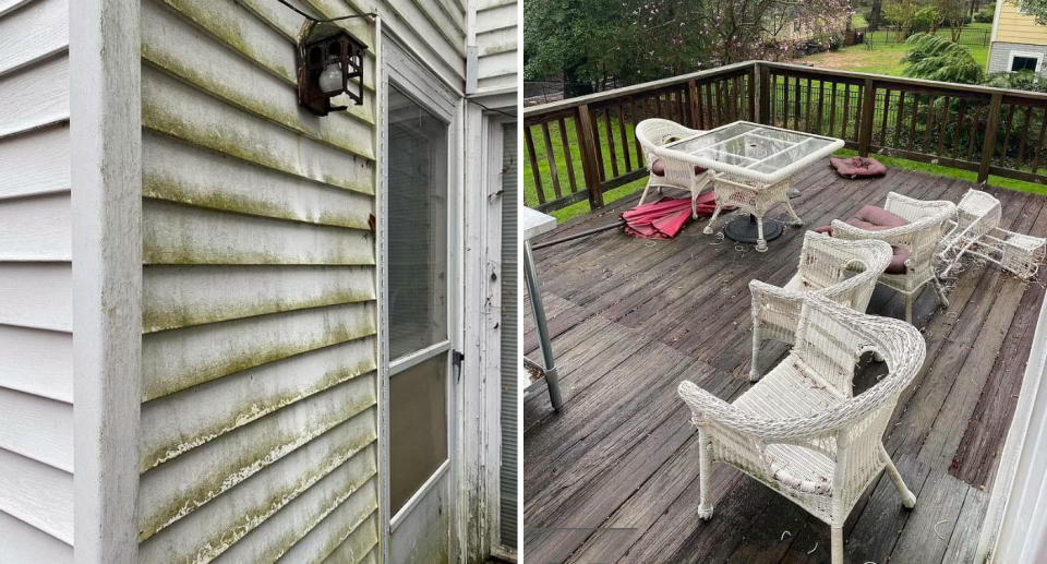 Mouldy house and rotten deck with old furniture 