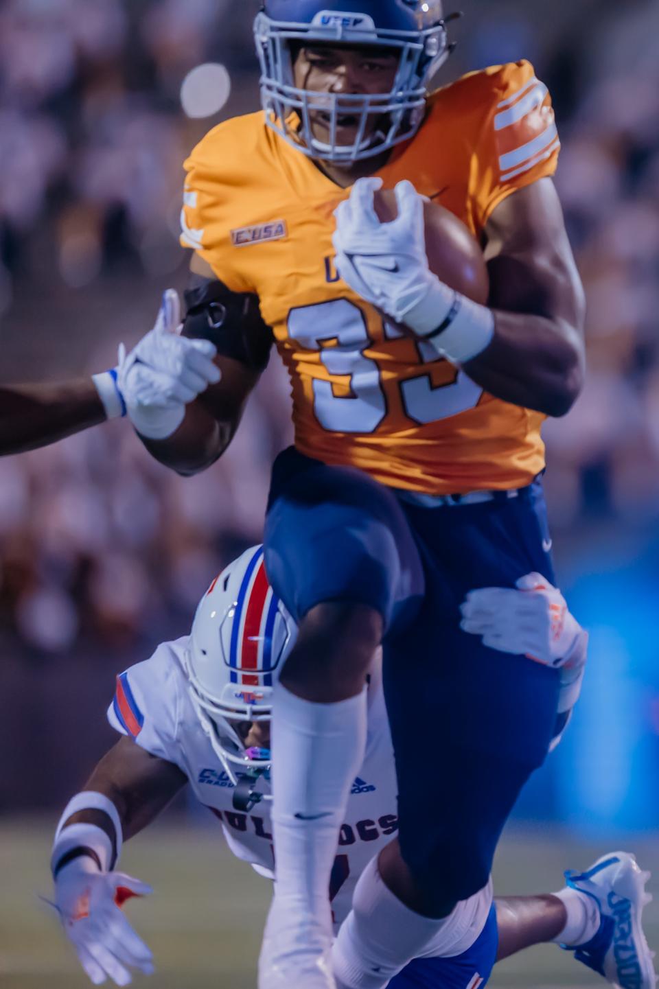 UTEP's Deion Hankins at a college football game against LA Tech at the Sun Bowl in El Paso, Texas, on Saturday, Oct. 16, 2021.