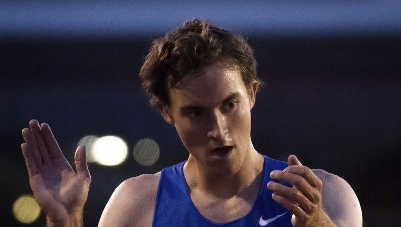 BYU’s Kenneth Rooks celebrates his win in the steeplechase during the NCAA outdoor track and field championships Friday, June 9, 2023, in Austin, Texas.