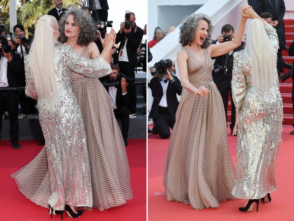 Andie MacDowell and Helen Mirren dance together at the Cannes Film Festival.