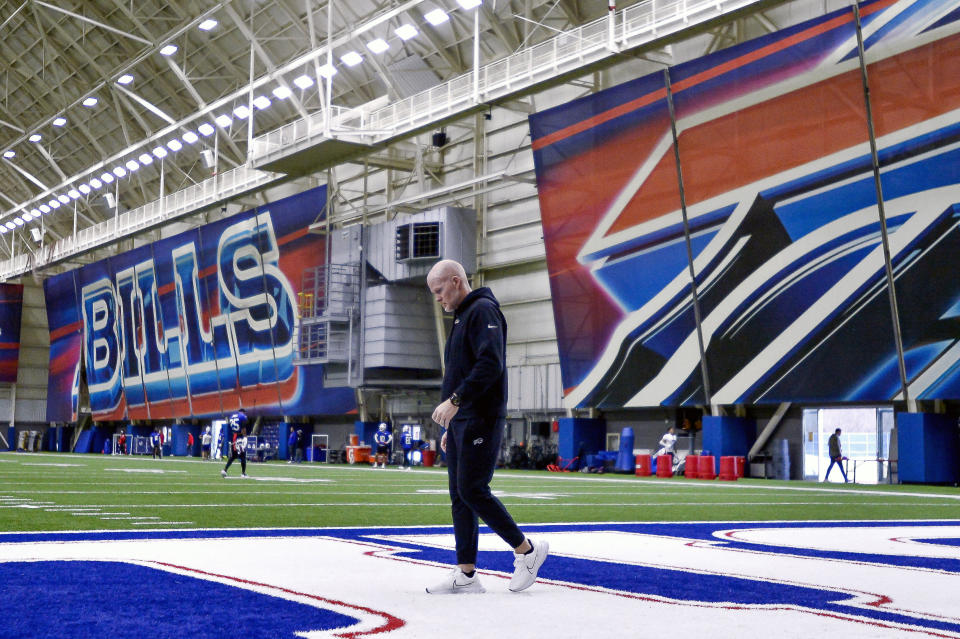 Buffalo Bills head coach Sean McDermott walks on the field during an NFL football practice in Orchard Park, N.Y., Thursday, Jan. 12, 2023. (AP Photo/Adrian Kraus)