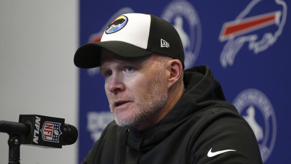 Buffalo Bills head coach Sean McDermott meets with reporters after an NFL football game against the Pittsburgh Steelers in Pittsburgh, Sunday, Oct. 9, 2022. The Bills won 38-3. (AP Photo/Joshua Bessex)