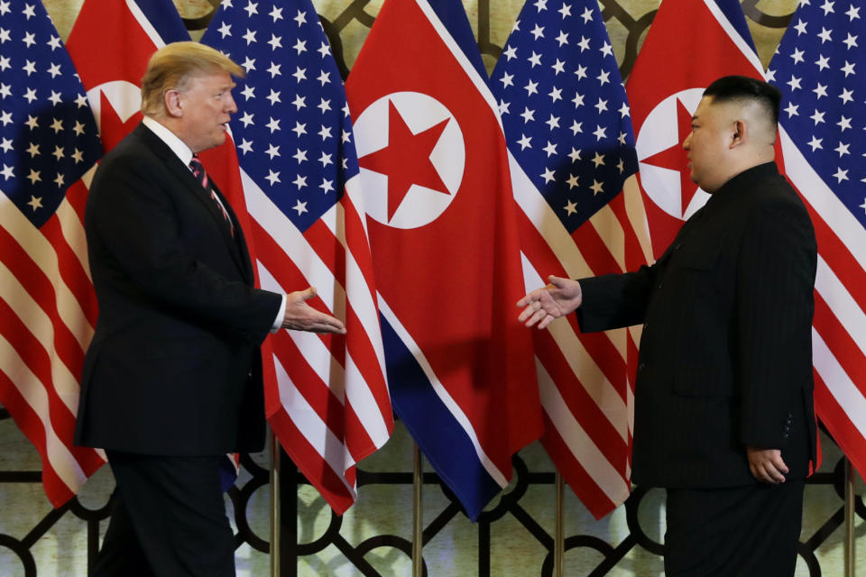 FILE - In this Feb. 27, 2019, file photo, President Donald Trump meets North Korean leader Kim Jong Un in Hanoi. North Korea has test-fired a "new-type tactical guided weapon," its state media announced Thursday, April 18, a move that could be an attempt to register the country's displeasure with currently deadlocked nuclear talks with the United States without causing those coveted negotiations to collapse. (AP Photo/ Evan Vucci, File)