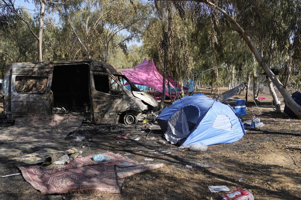 The site of a music festival near the border with the Gaza Strip in southern Israel is seen on Thursday. Oct. 12, 2023. At least 260 Israeli festival-goers were killed during the attack by Hamas gunmen last Saturday. (AP Photo/Ohad Zwigenberg)