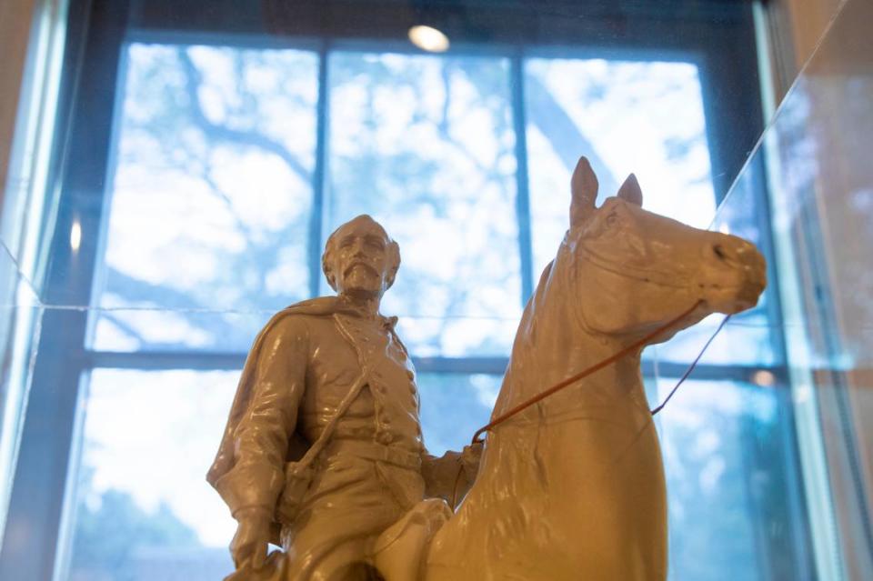 A miniature statue of Confederate general John Hunt Morgan at Hopemont in Lexington, Ky., Tuesday, September 14, 2021. The original statue was moved from downtown Lexington to the Lexington Cemetery.